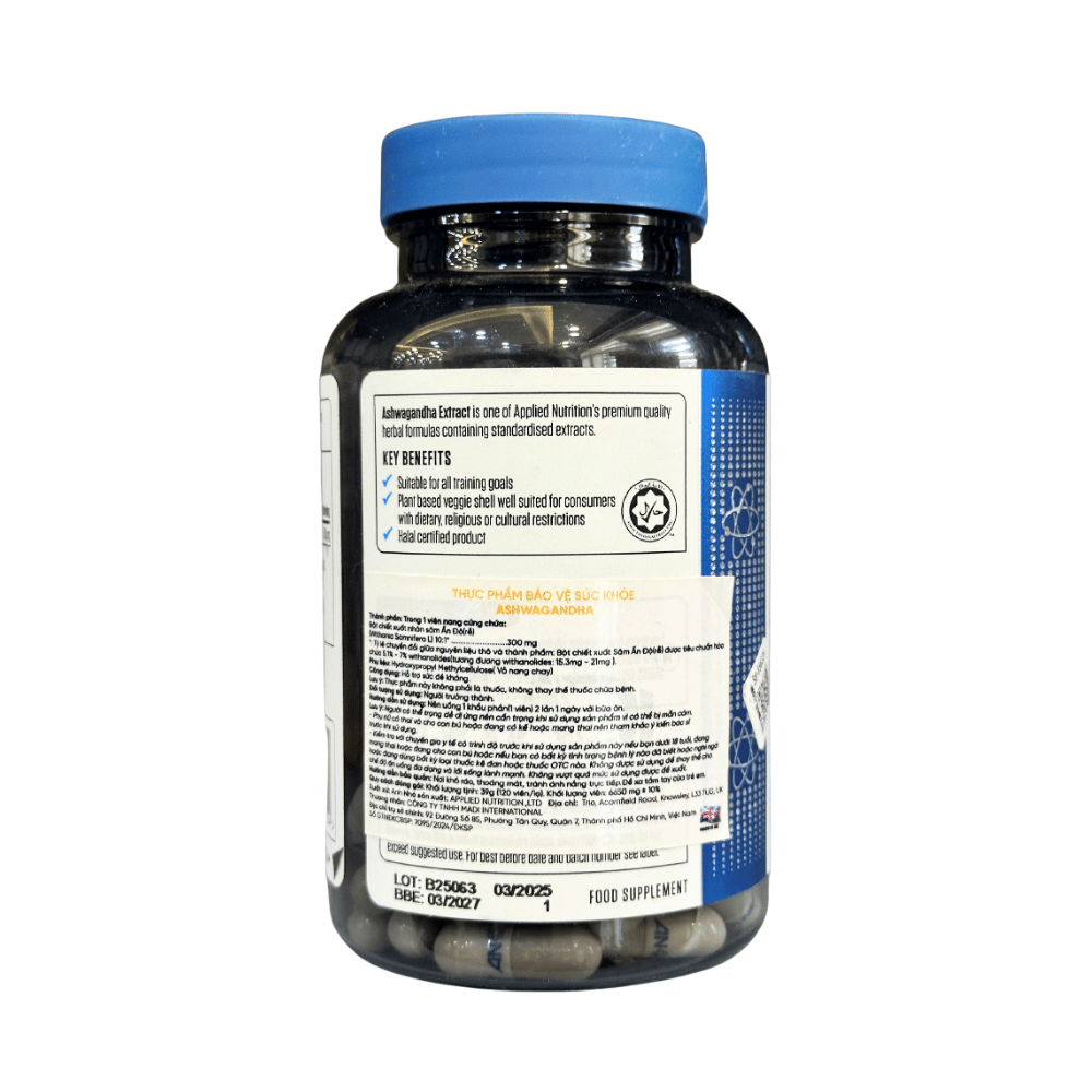 Applied Nutrition Viên Uống ASHWAGANDHA Hỗ Trợ Giảm Căng Thẳng, Tăng Cường Sức Khỏe Thể Chất Và Tinh Thần 60 Viên