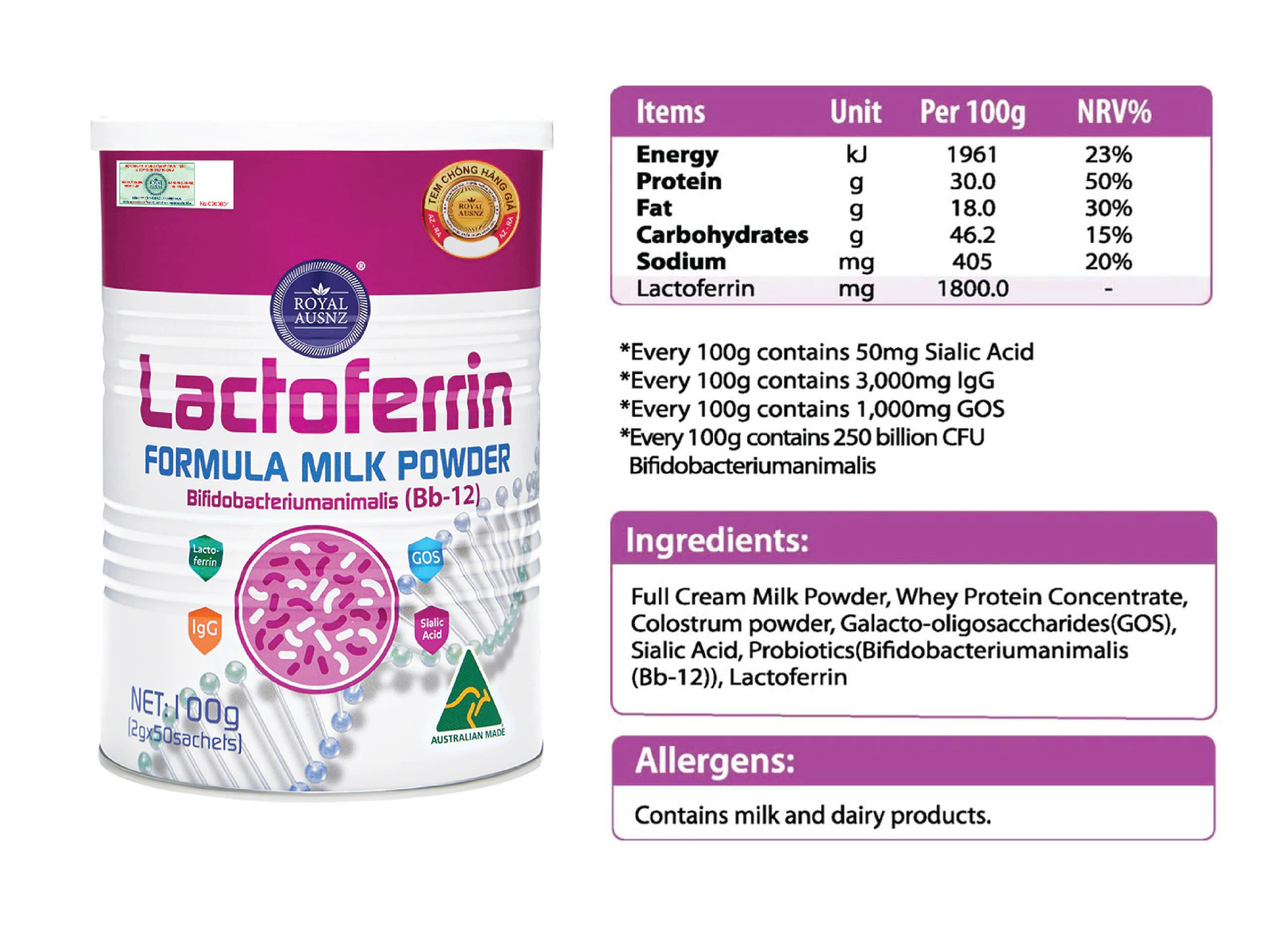 Royal Ausnz Sữa Bột Lactoferrin Hỗ Trợ Tiêu Hóa, Tăng Cường Miễn Dịch Bifidobacteriumanimalis (Bb-12) 50 Gói x 2g