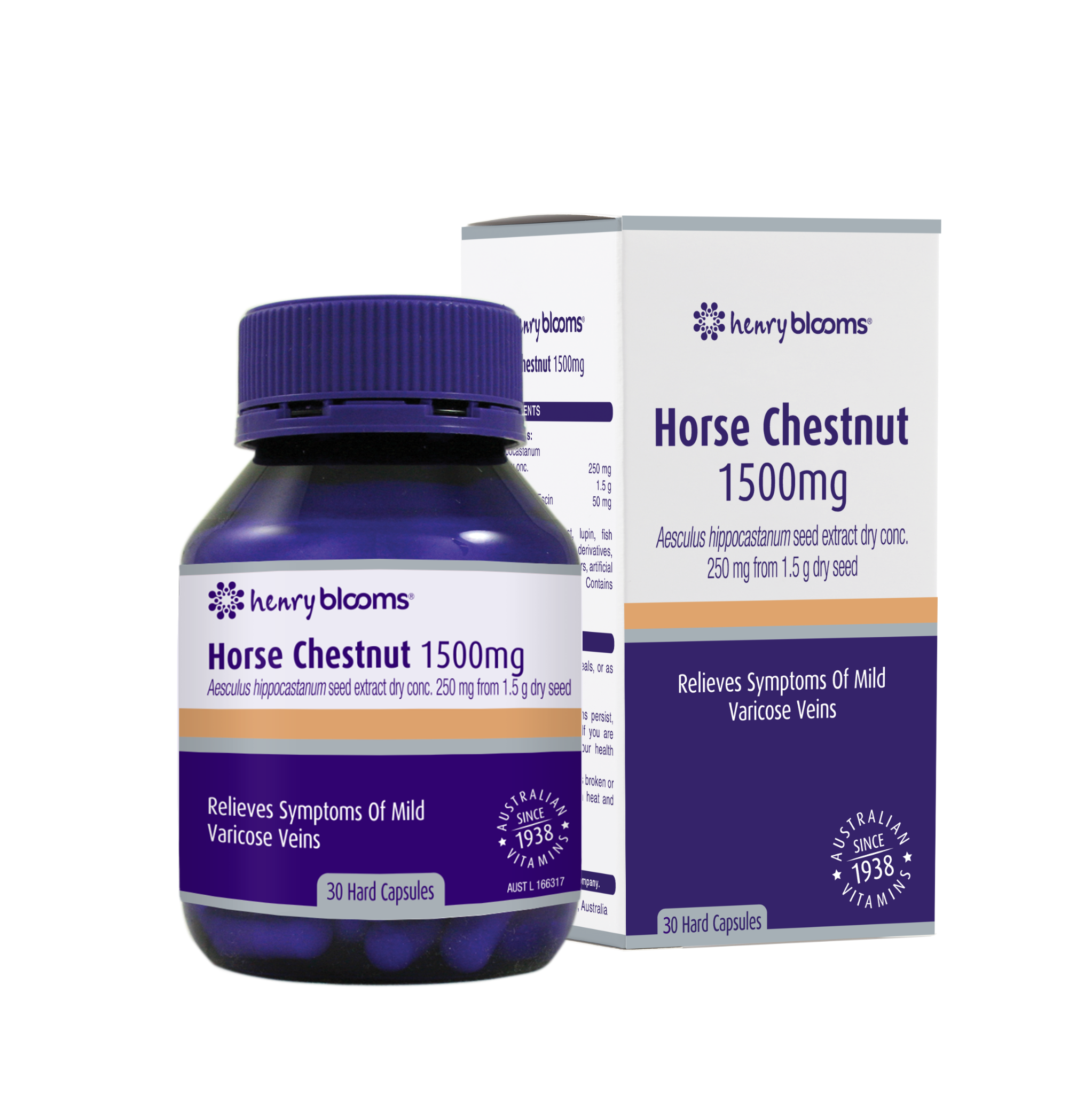 Henry Blooms Viên Uống Hỗ Trợ Giảm Giãn Tĩnh Mạch Hạt Dẻ Ngựa Horse Chestnut 1500mg 30 Viên