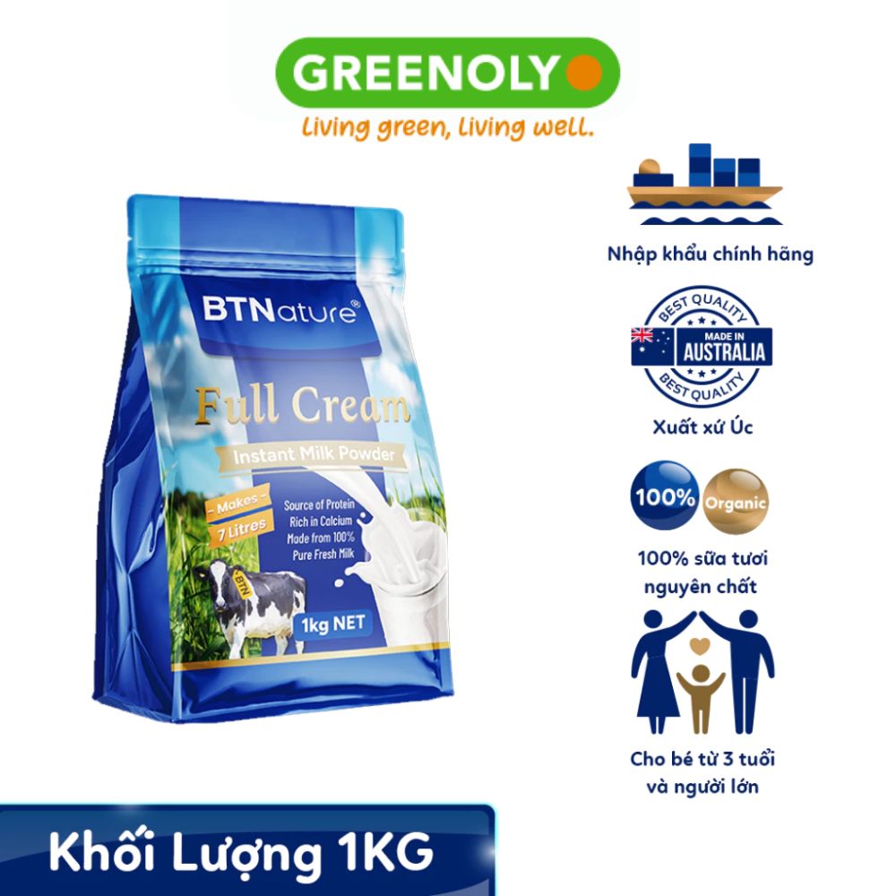 BTNature Sữa Bột Nguyên Kem Full Cream Instant Milk Powder Túi 1kg