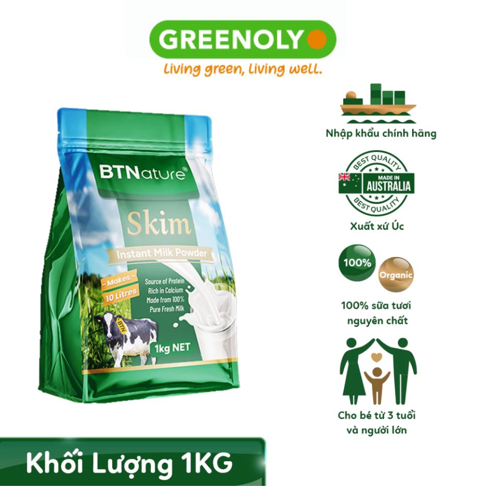 BTNature Sữa Bột Tách Béo Skim Instant Milk Powder Túi 1kg