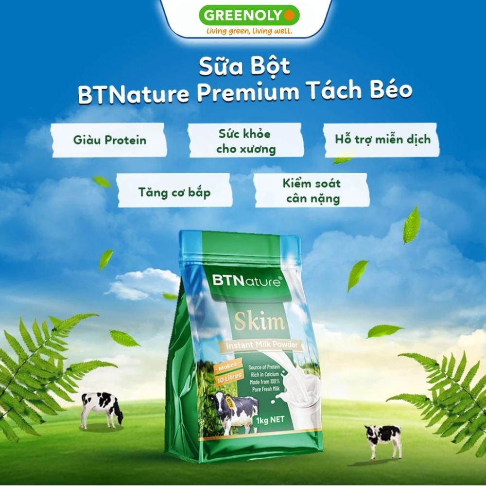BTNature Sữa Bột Tách Béo Skim Instant Milk Powder Túi 1kg
