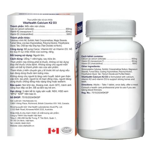 VitaHealth Viên Uống Calcium K2 D3 Hỗ Trợ Duy Trì Xương Răng Chắc Khỏe 30 Viên - Chính Hãng Canada