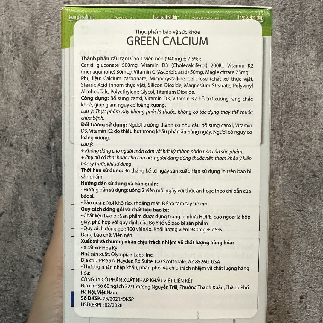 Olympian Labs Viên Uống Bổ Sung Canxi Hữu Cơ Green Calcium 100 viên - Nhập Khẩu Chính Ngạch Mỹ
