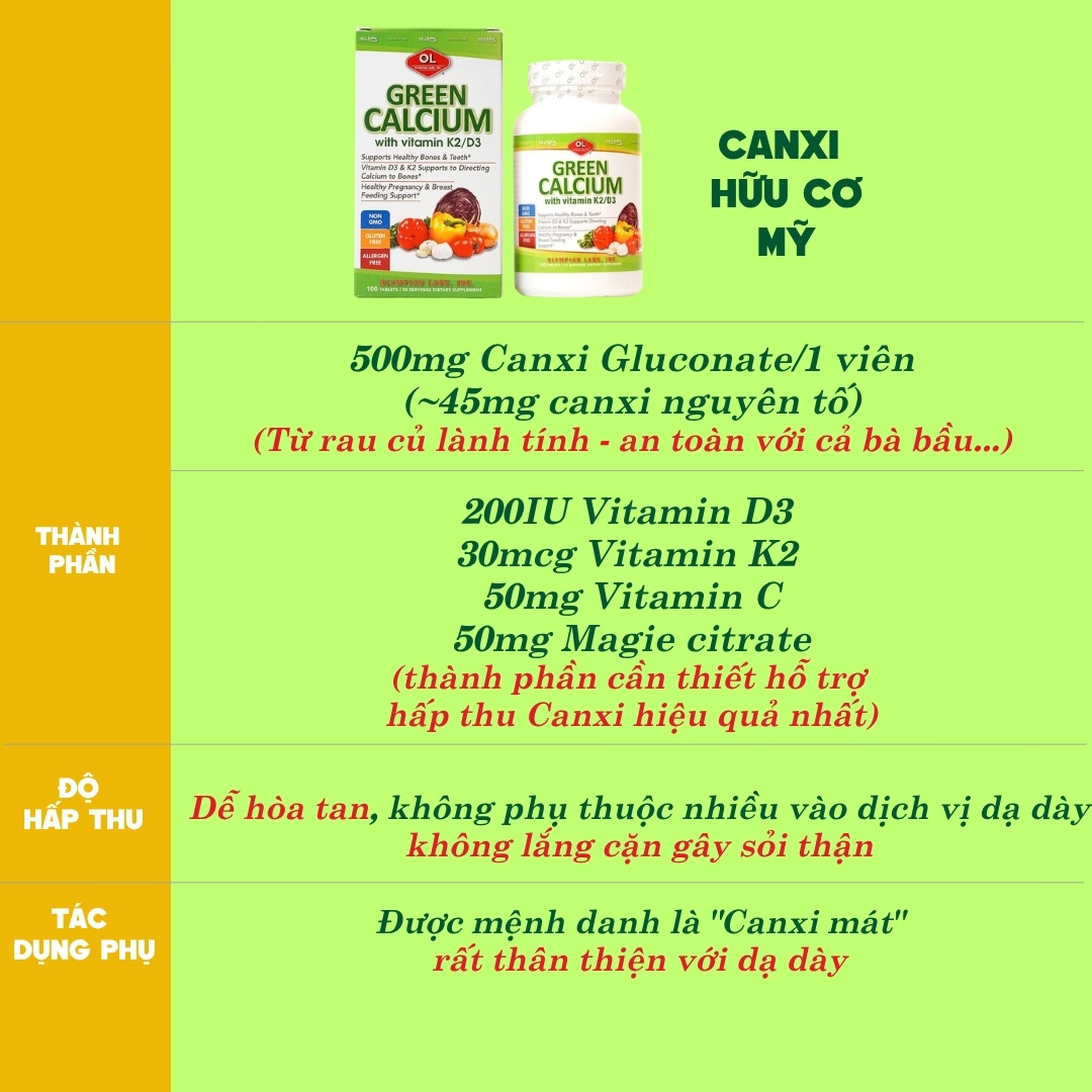 Olympian Labs Viên Uống Bổ Sung Canxi Hữu Cơ Green Calcium 100 viên - Nhập Khẩu Chính Ngạch Mỹ