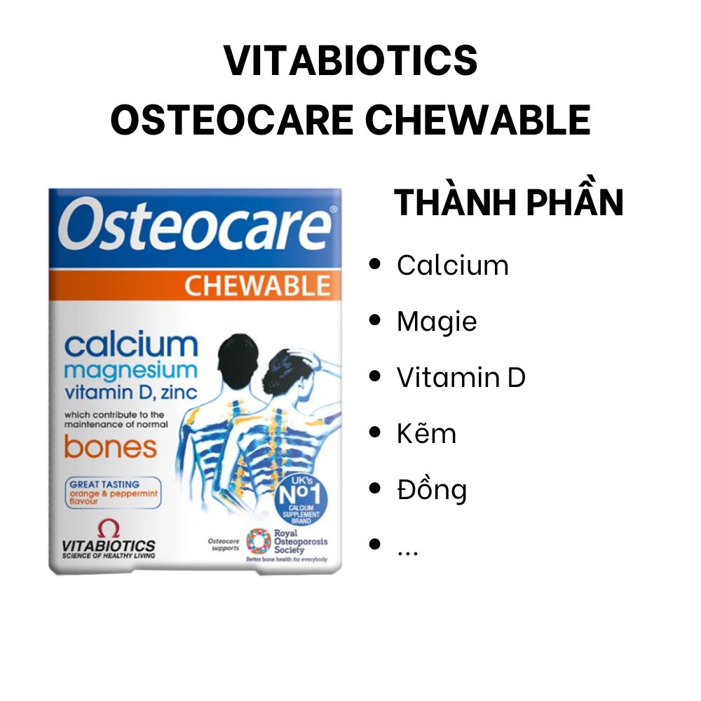 Vitabiotics Viên Nhai Osteocare Bổ Sung Canxi, Magie, Vitamin D Và Zinc Hỗ Trợ Chắc Khỏe Xương Hộp 30 Viên