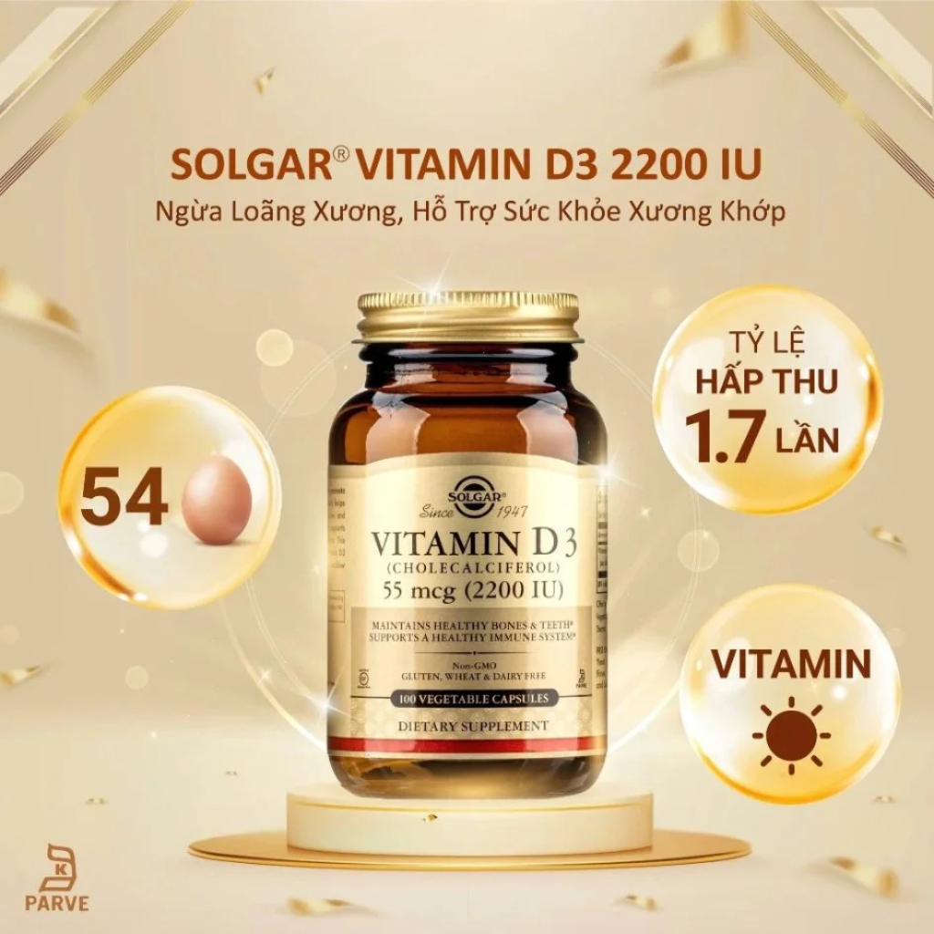 Combo 2 Hộp Solgar Viên Uống Bổ Sung Vitamin D3 2200 IU 100 Viên