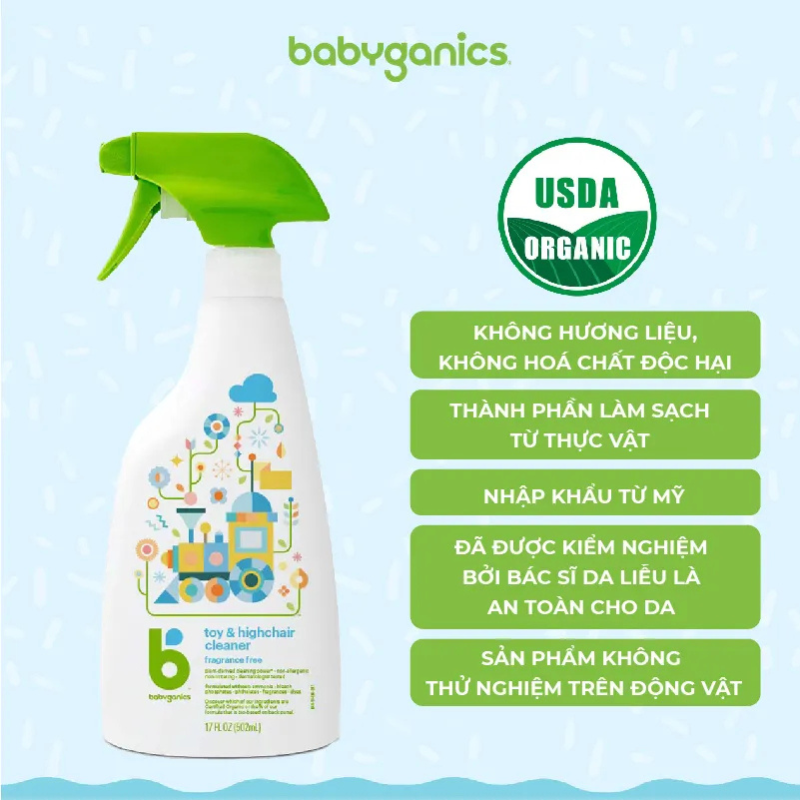 Babyganics Chai Xịt Vệ Sinh Đồ Chơi & Bề Mặt Đa Năng An Toàn Cho Bé Organic Toy & High Chair Cleaner Spray 502ml