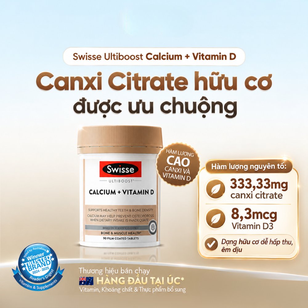 Swisse Canxi Hữu Cơ + Vitamin D giúp hỗ trợ giảm nguy cơ loãng xương (Hộp 150 viên) - Chính Ngạch Úc