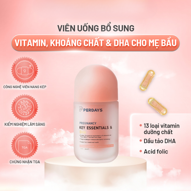 Perdays Viên Uống Pregnancy Key Essentials & DHA Bổ Sung Vitamin Tổng Hợp, Khoáng Chất & DHA Cho Mẹ Bầu 60 Viên