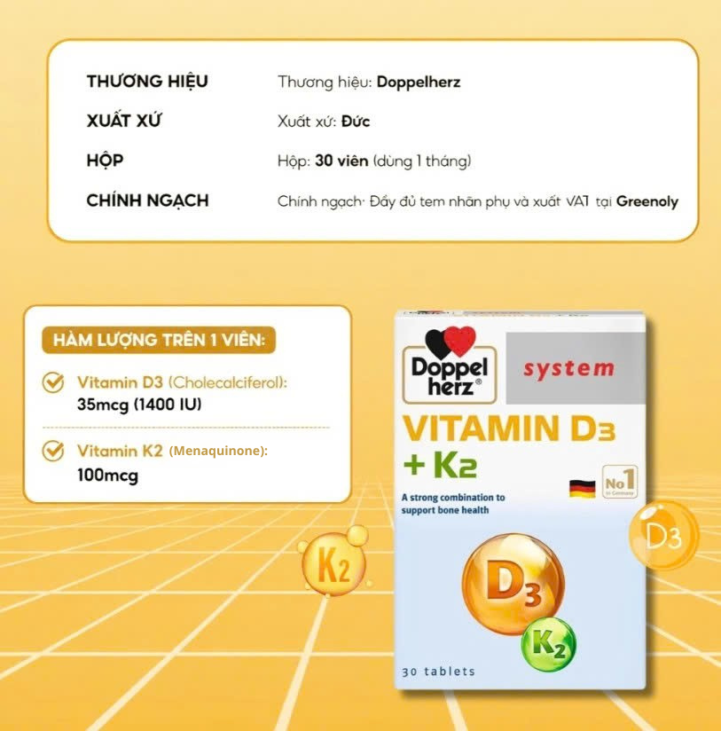 Doppelherz Viên Uống Bổ Sung Vitamin D3 + K2 (30 Viên) - Chính Ngạch Đức
