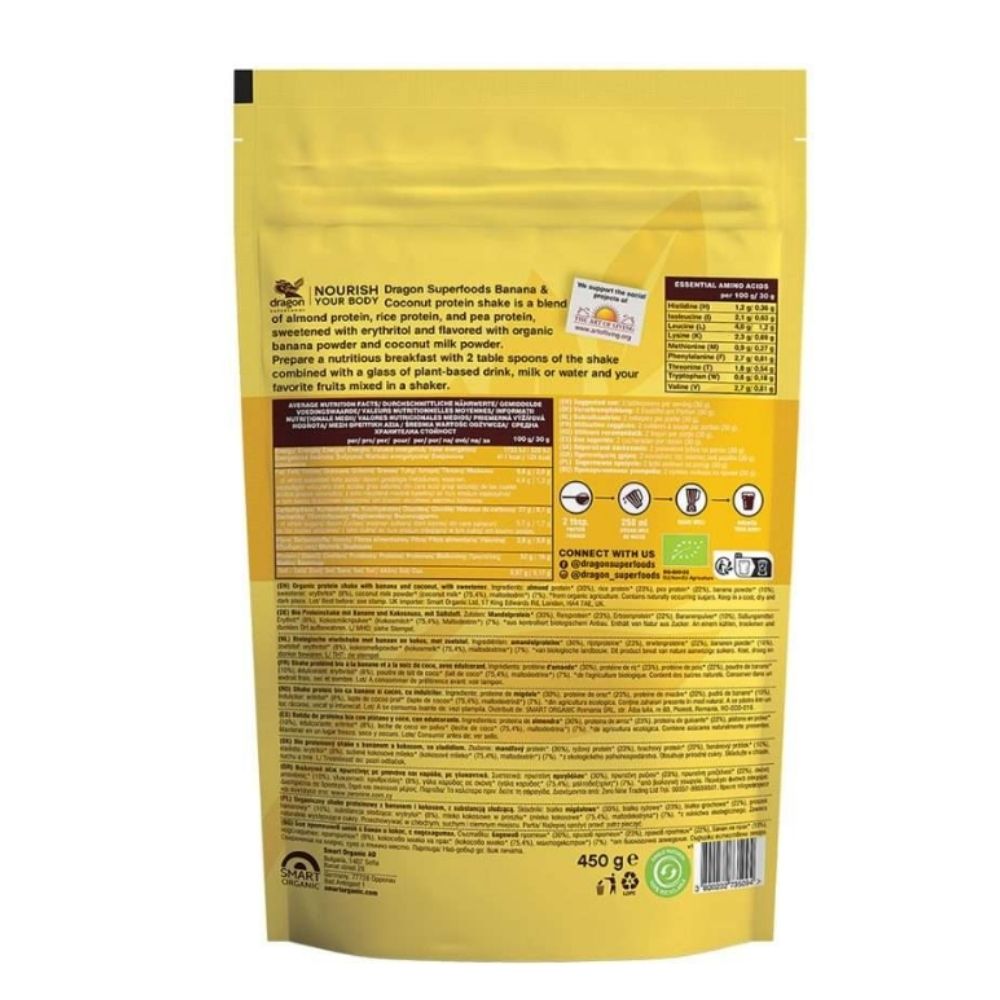 Dragon Superfoods Bột Protein Thực Vật Lắc Vị Chuối Sữa Dừa Hữu Cơ Bổ Sung Đạm 450g