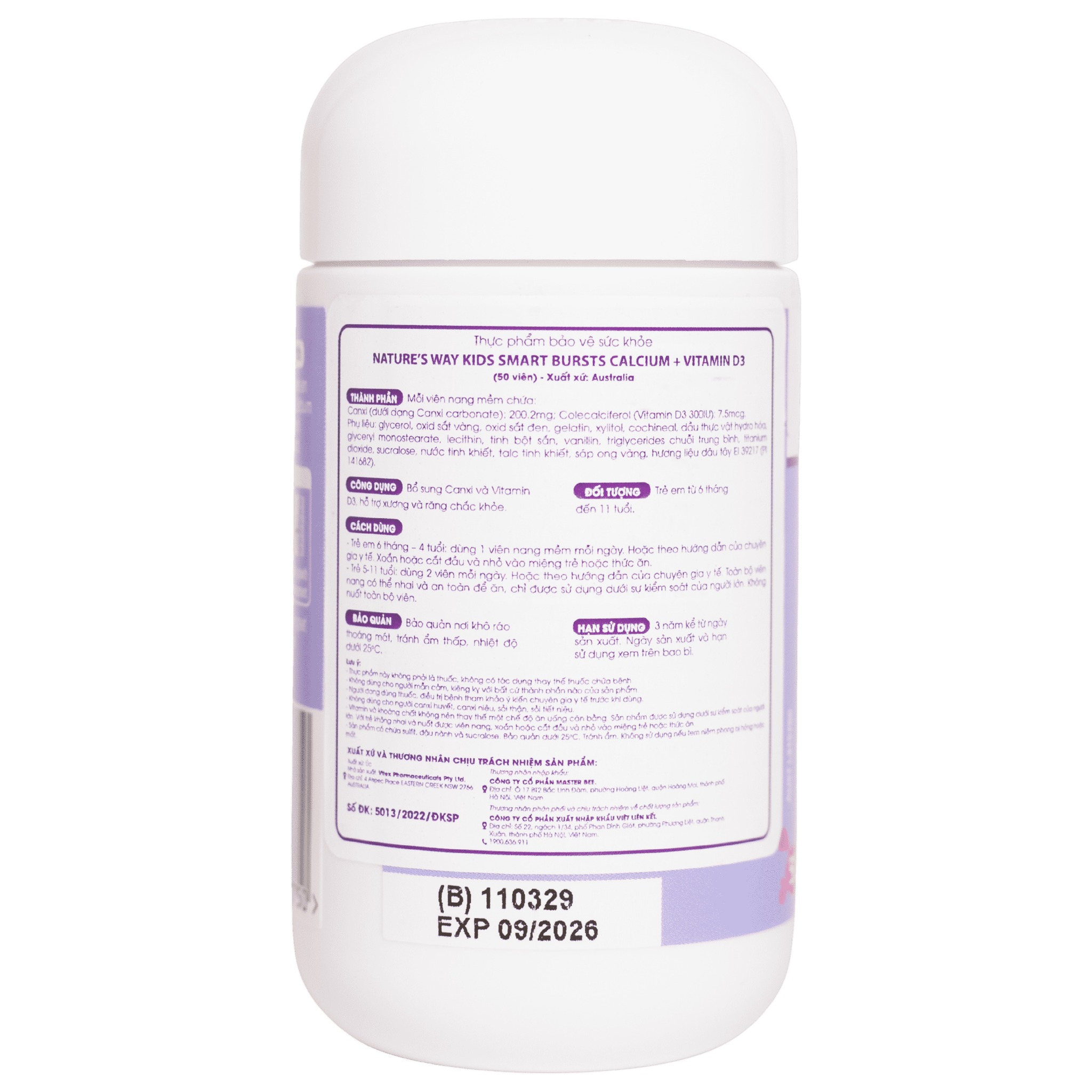 Nature’s Way Viên Uống Bổ Sung Canxi Kids Smart Calcium + Vitamin D3 Burstlets 50 Viên