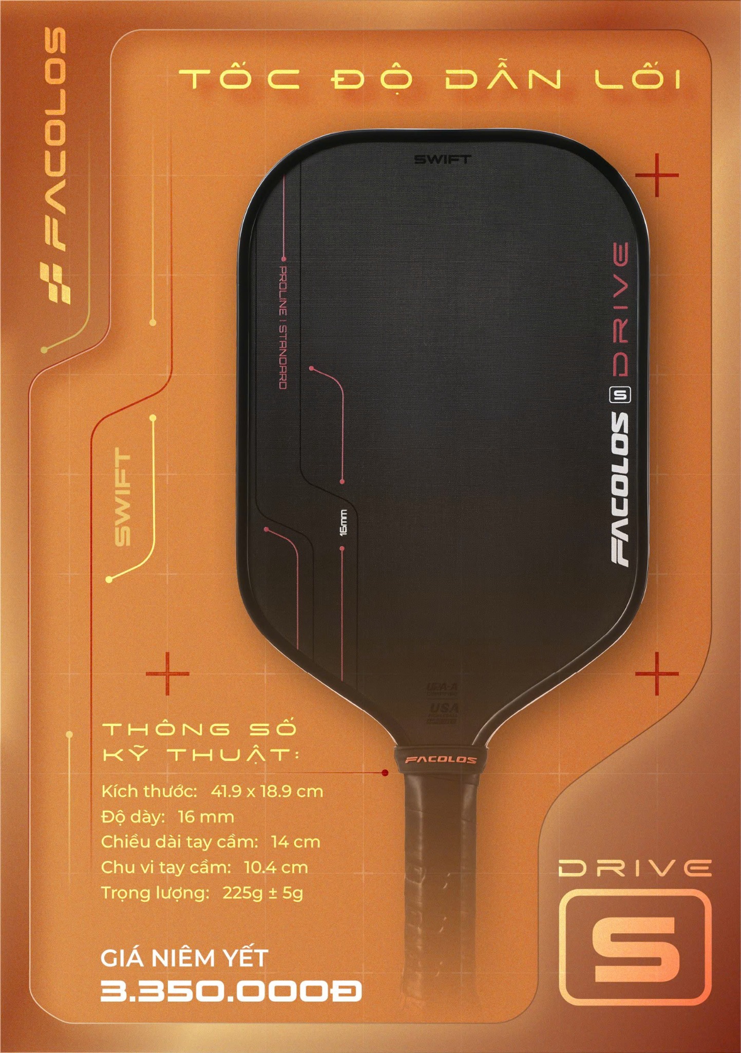Facolos Vợt Pickleball Drive Swift Lead The Speed 16mm