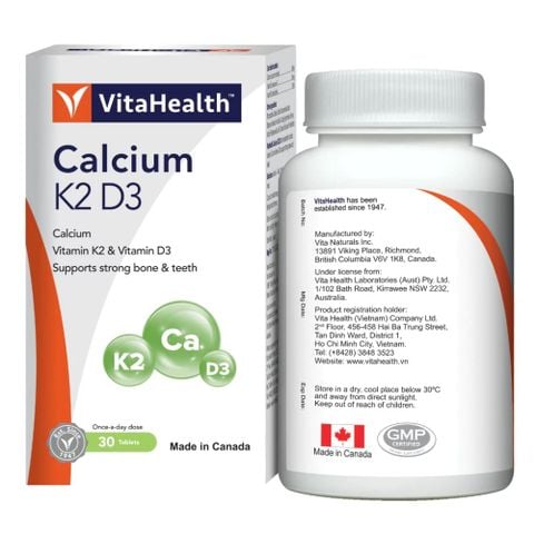 VitaHealth Viên Uống Calcium K2 D3 Hỗ Trợ Duy Trì Xương Răng Chắc Khỏe 30 Viên - Chính Hãng Canada