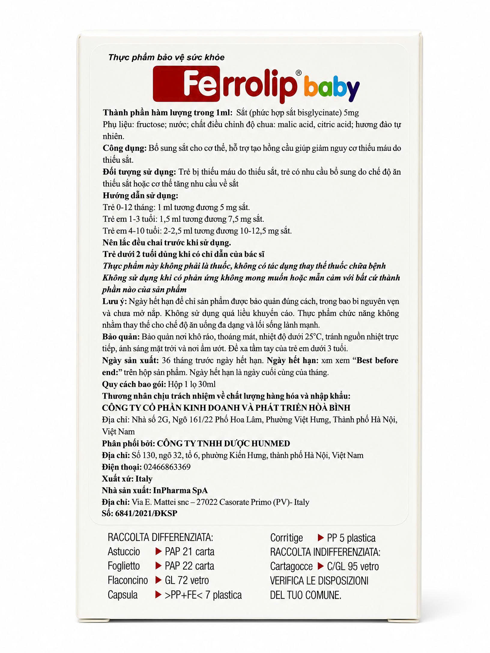 Ferrolip Baby Bổ Sung Sắt Dự Phòng Không Gây Nóng Cho Trẻ Lọ 30ml