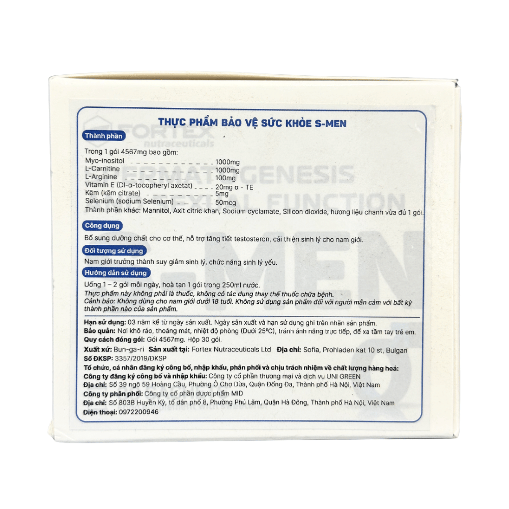 Fortex Bột Uống S-Men Hỗ Trợ Bổ Tinh Trùng S-Men Cho Nam Giới 30 Gói