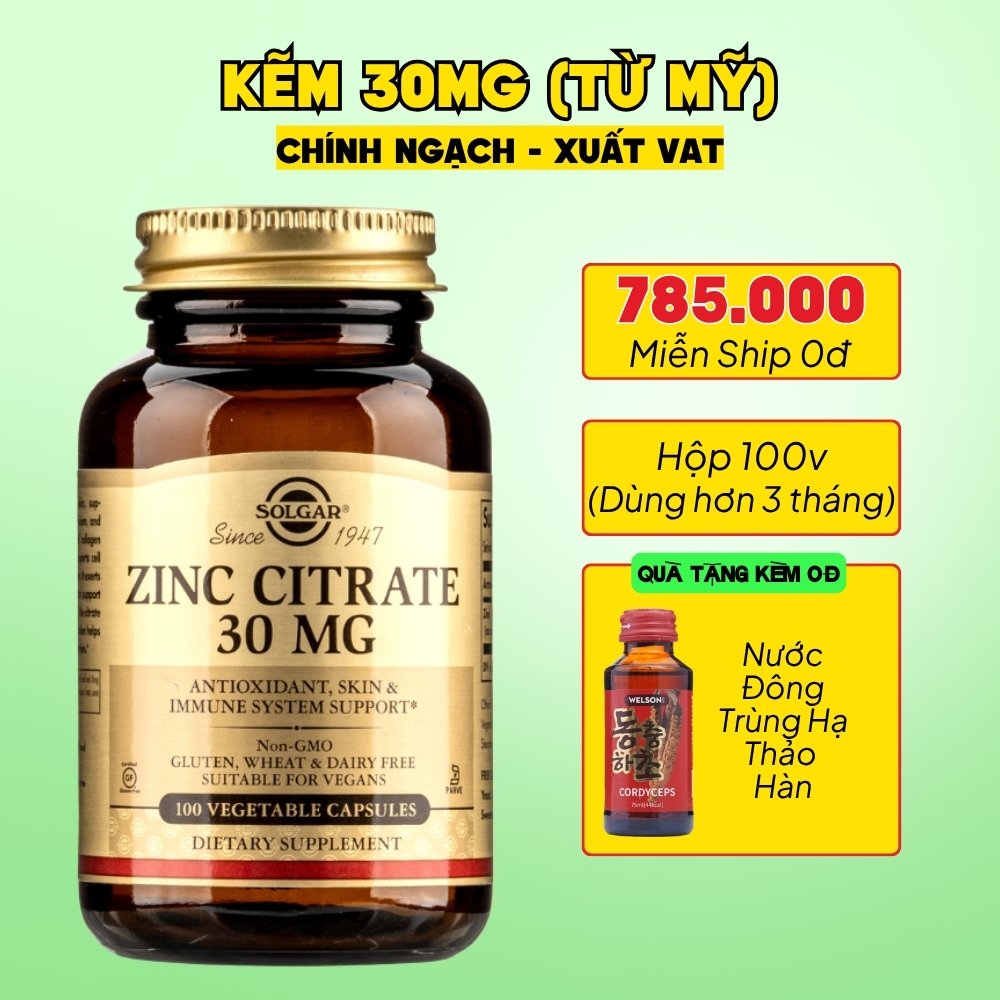 Solgar Viên Uống Bổ Sung Kẽm (Zinc Citrate) 30 MG  100 Viên - Chính Ngạch Mỹ