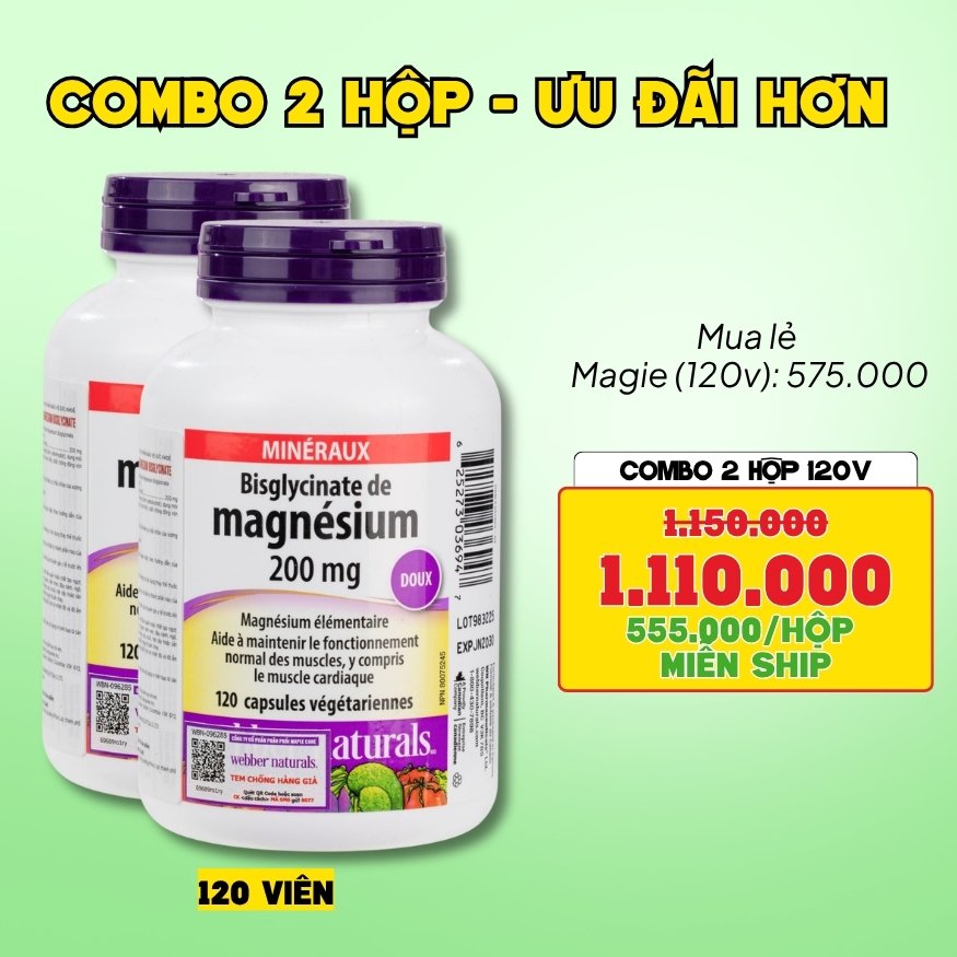 Combo 2 Hộp Webber Naturals Viên Uống Magie Dễ Dàng Hấp Làm Dịu Nhẹ Cho Hệ Tiêu Hóa Magnesium Bisglycinate 200mg - Hộp 120 Viên