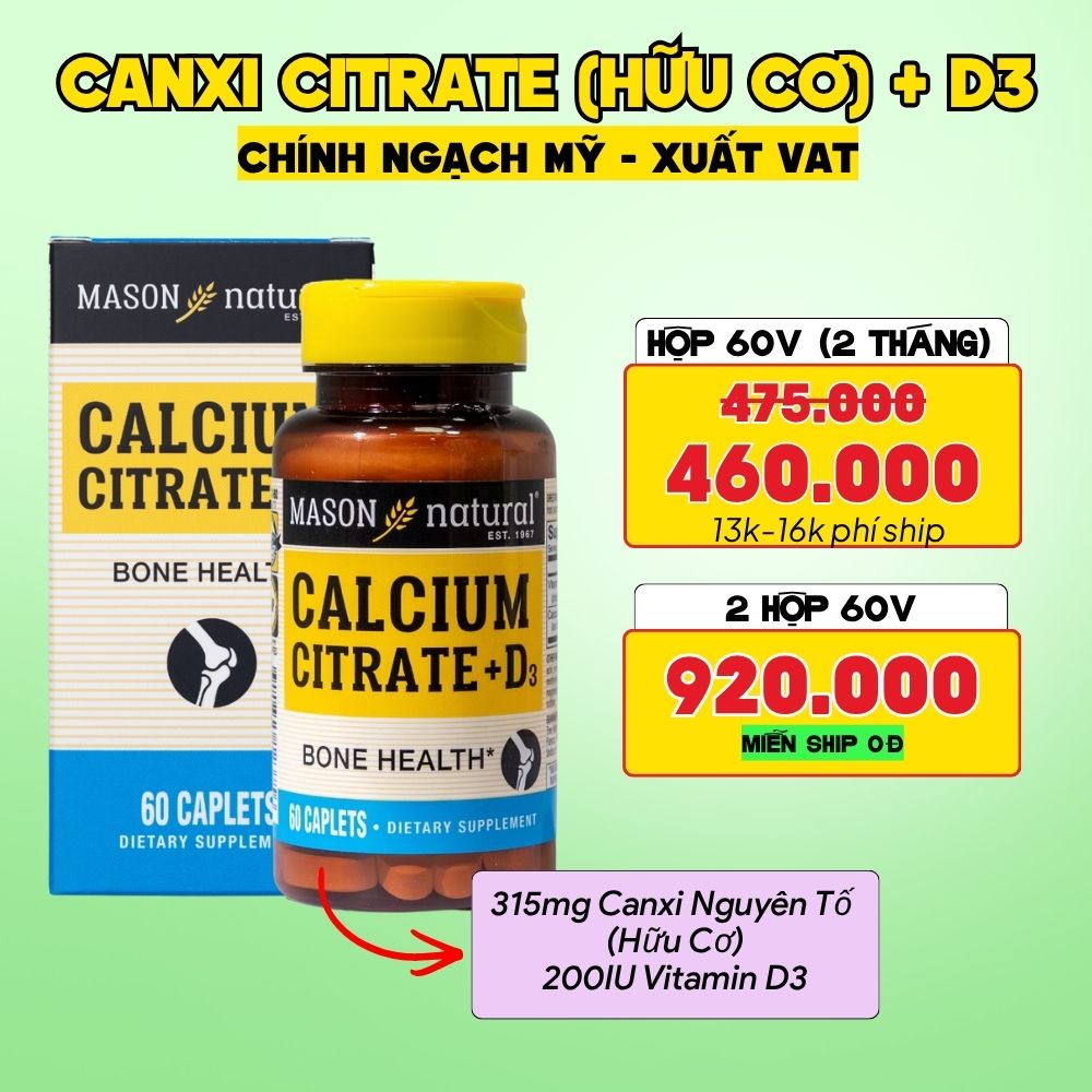 Mason Natural Viên Uống Bổ Sung Calcium Citrate + D3 Hộp 60 viên - Chính Ngạch Mỹ