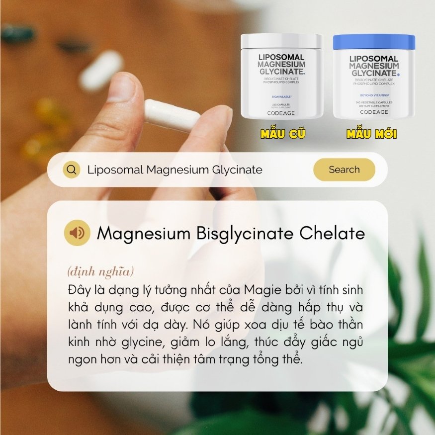 Codeage Viên Uống Liposomal Magnesium Magie Glycinate Hữu Cơ 240 Viên - Chính Ngạch Mỹ, Xuất VAT