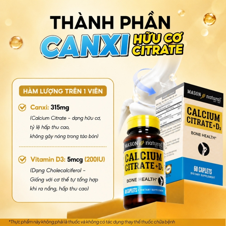 Mason Natural Viên Uống Bổ Sung Calcium Citrate + D3 Hộp 60 viên - Chính Ngạch Mỹ
