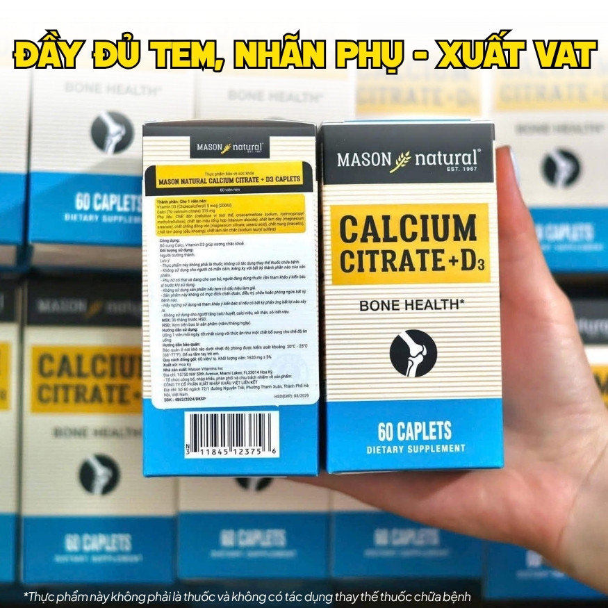 Mason Natural Viên Uống Bổ Sung Calcium Citrate + D3 Hộp 60 viên - Chính Ngạch Mỹ