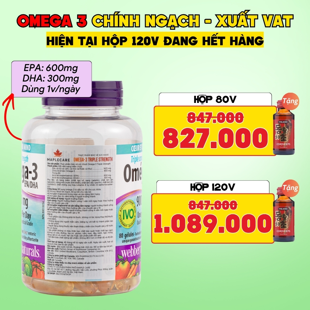 Webber Naturals Viên Uống Hỗ Trợ Tim Mạch, Não Triple Strength Omega 3 900mg EPA/DHA - Chính Ngạch, Xuất VAT