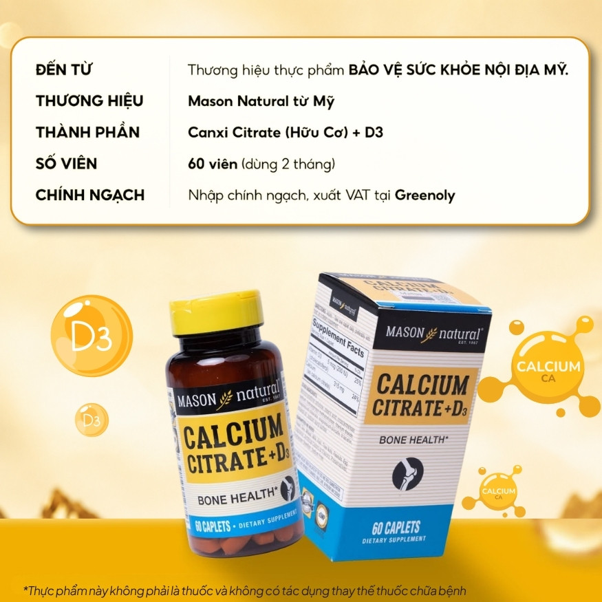 Mason Natural Viên Uống Bổ Sung Calcium Citrate + D3 Hộp 60 viên - Chính Ngạch Mỹ