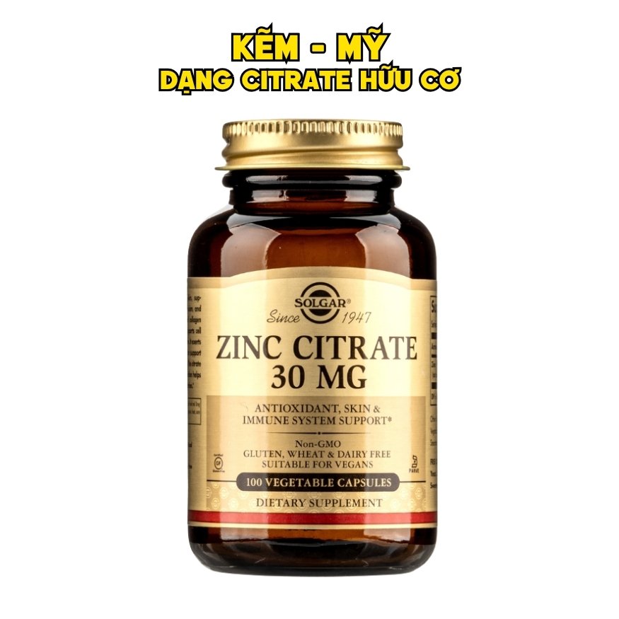 Solgar Viên Uống Bổ Sung Kẽm (Zinc Citrate) 30 MG  100 Viên - Chính Ngạch Mỹ