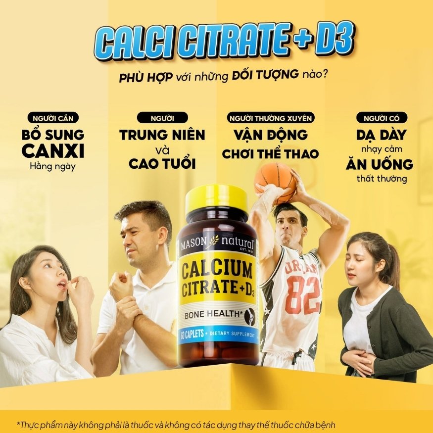 Mason Natural Viên Uống Bổ Sung Calcium Citrate + D3 Hộp 60 viên - Chính Ngạch Mỹ