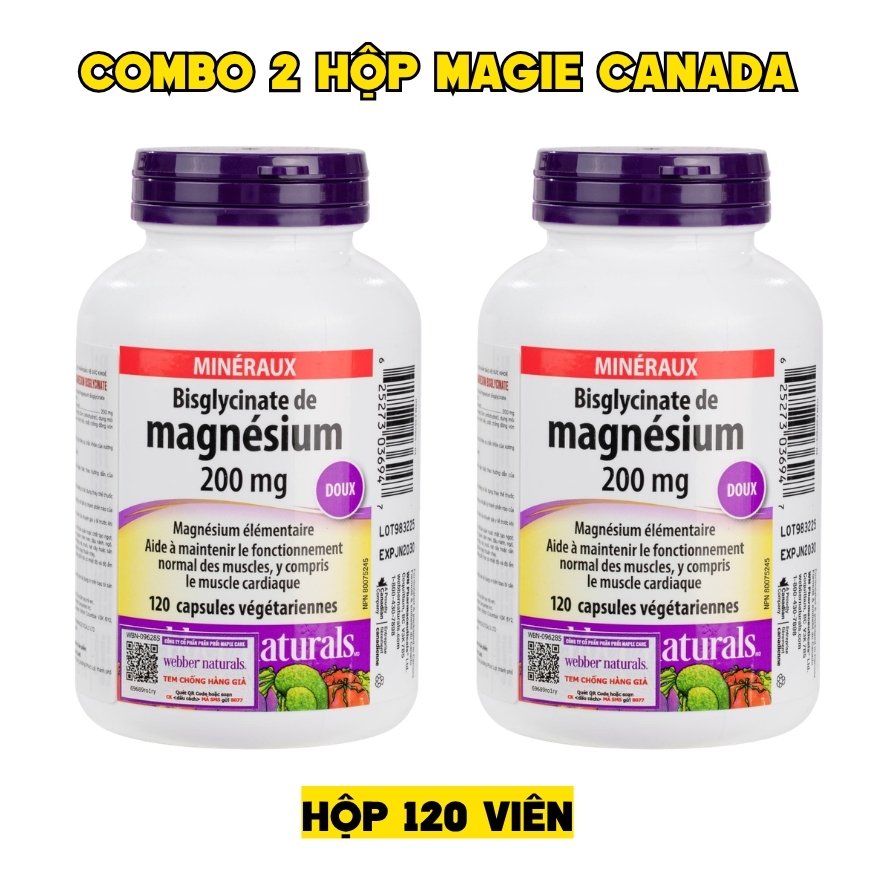 Combo 2 Hộp Webber Naturals Viên Uống Magie Dễ Dàng Hấp Làm Dịu Nhẹ Cho Hệ Tiêu Hóa Magnesium Bisglycinate 200mg - Hộp 120 Viên