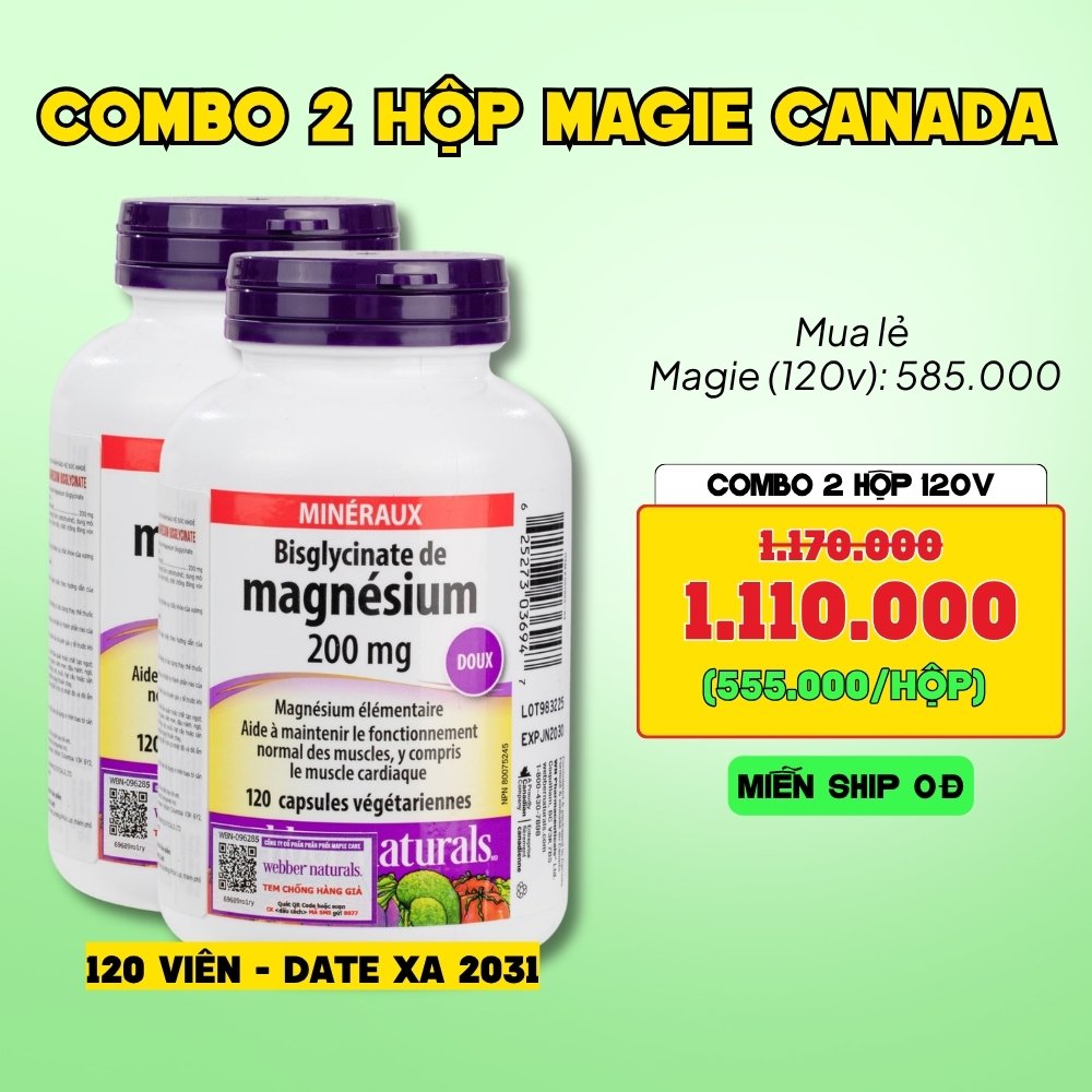 Combo 2 Hộp Webber Naturals Viên Uống Magie Dễ Dàng Hấp Làm Dịu Nhẹ Cho Hệ Tiêu Hóa Magnesium Bisglycinate 200mg - Hộp 120 Viên