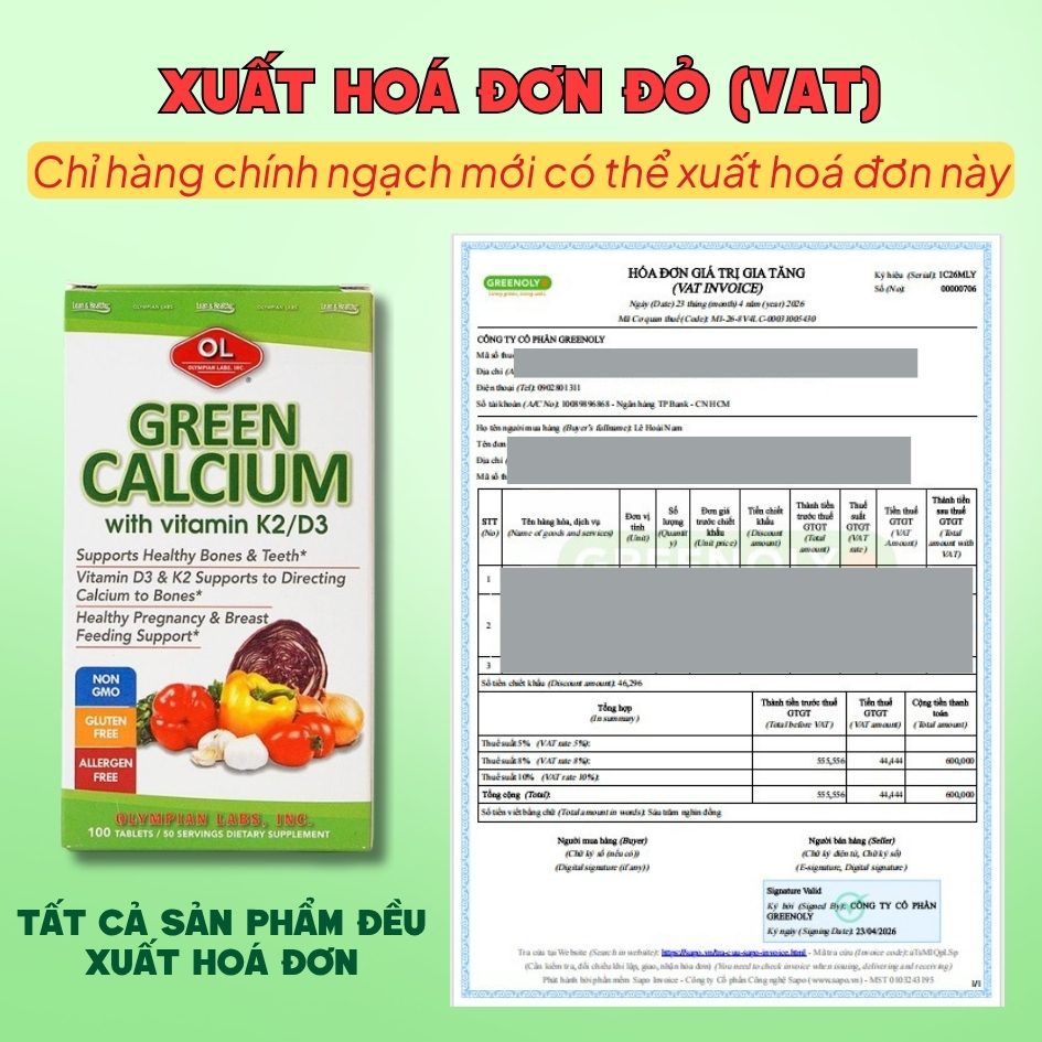 Olympian Labs Viên Uống Bổ Sung Canxi Hữu Cơ Green Calcium 100 viên - Nhập Khẩu Chính Ngạch Mỹ