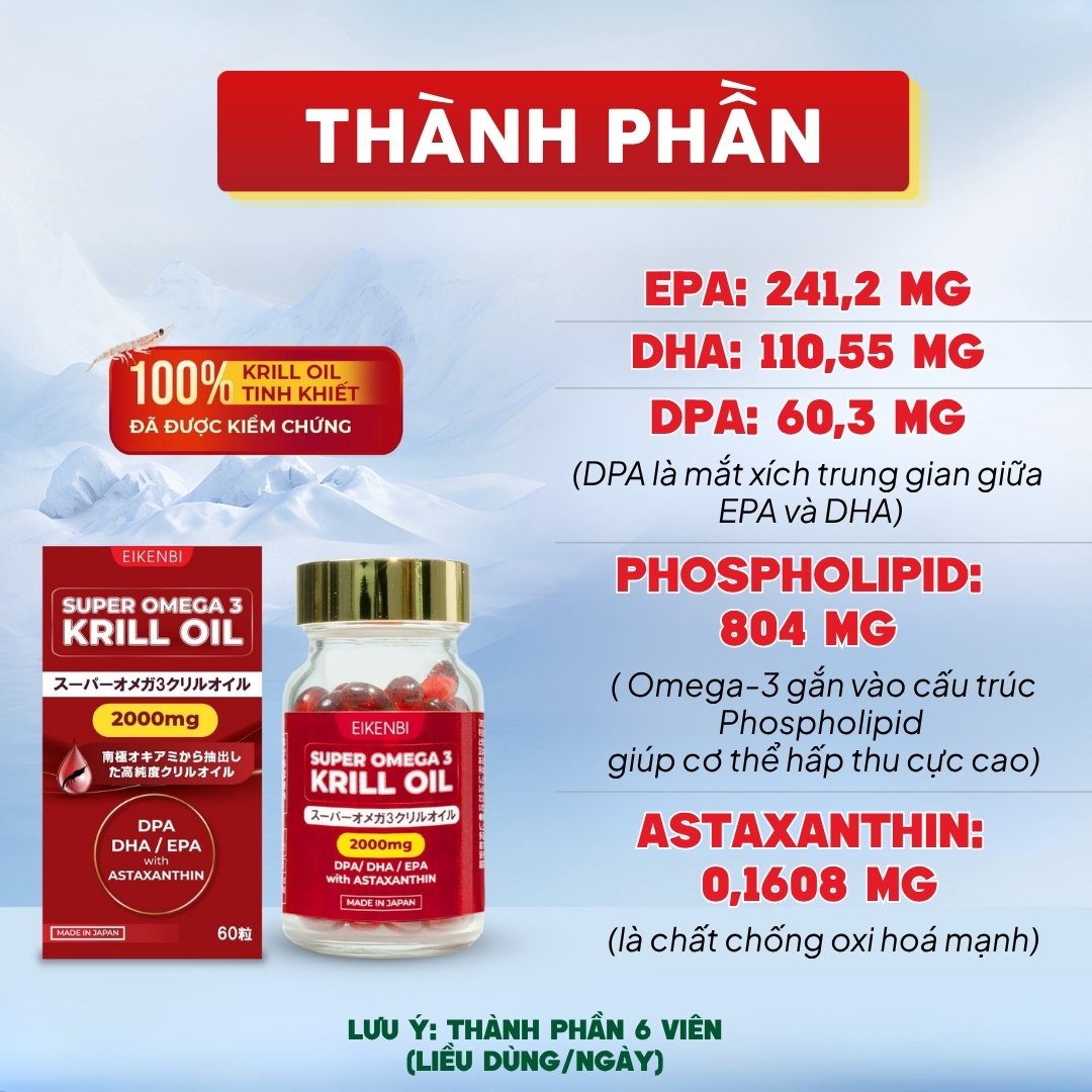 Eikenbi Viên Uống Dầu Cá Nhuyễn Thể Super Omega 3 Krill Oil 2000mg 60 Viên - Chính Ngạch Nhật Bản