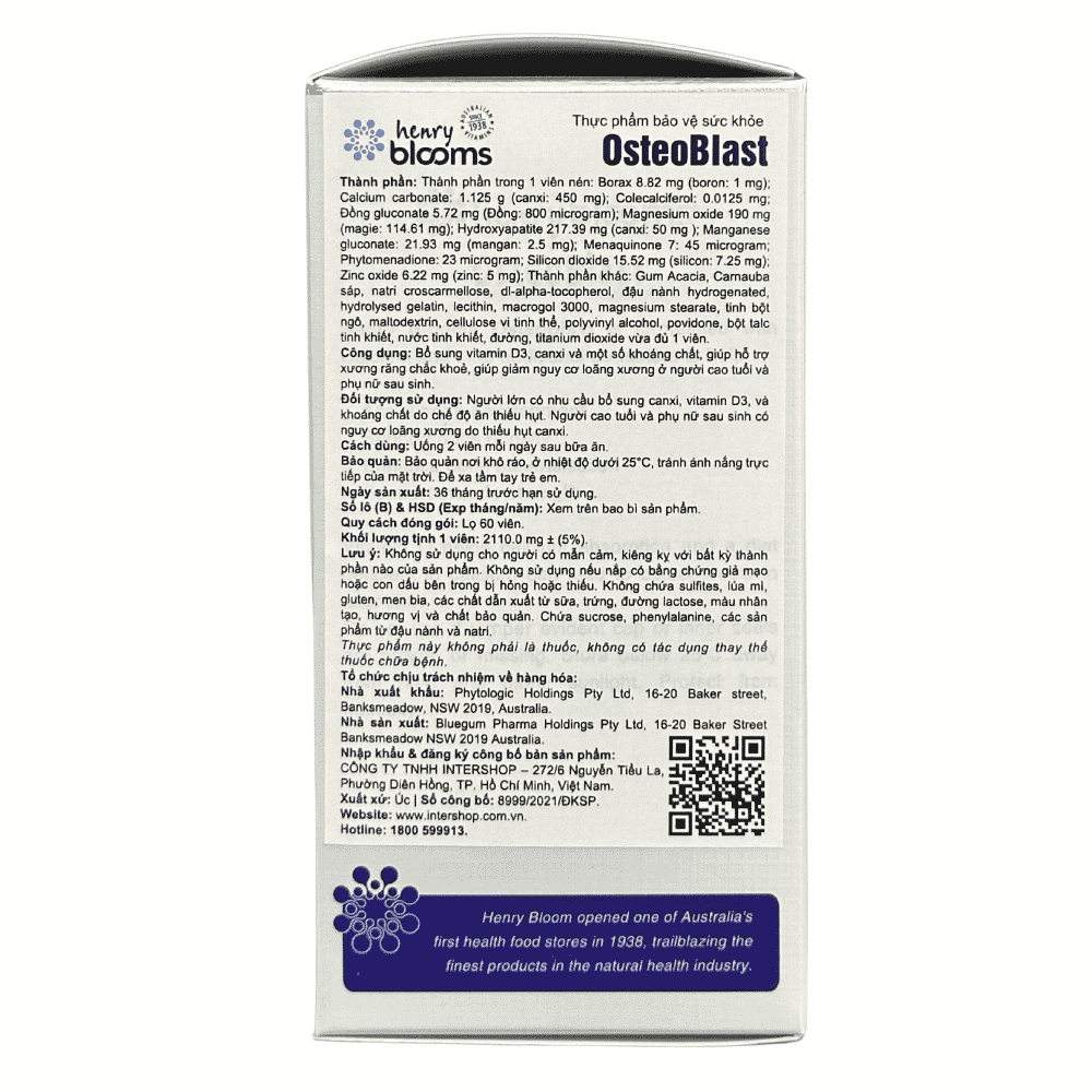 Henry Blooms Viên Uống Bổ Sung Canxi, Vitamin D3+K OsteoBlast 60 Viên