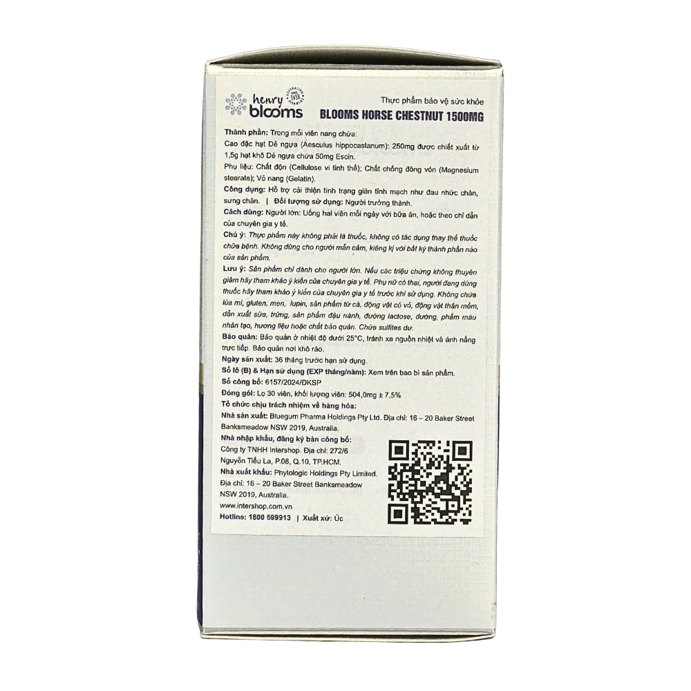 Henry Blooms Viên Uống Hỗ Trợ Giảm Giãn Tĩnh Mạch Hạt Dẻ Ngựa Horse Chestnut 1500mg 30 Viên