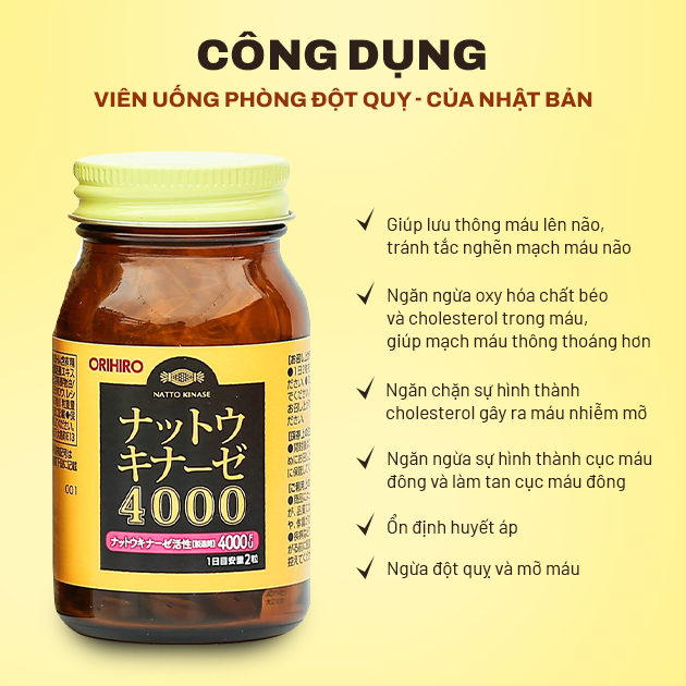Viên Uống Hỗ Trợ Phòng Đột Quỵ Tai Biến Orihiro Nattokinase 4000 FU Nhật Bản 60 Viên