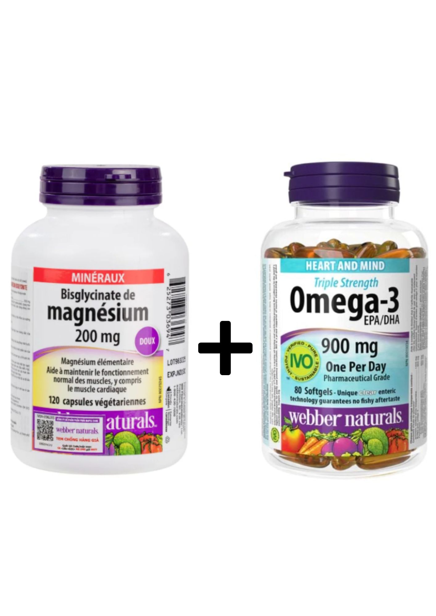 Combo 2 Hộp Webber Naturals Omega 3 900mg EPA/DHA 80 Viên Và Magnesium Bisglycinate 200mg Hỗ Trợ Tim Mạch, Hệ Tiêu Hoá 120 Viên