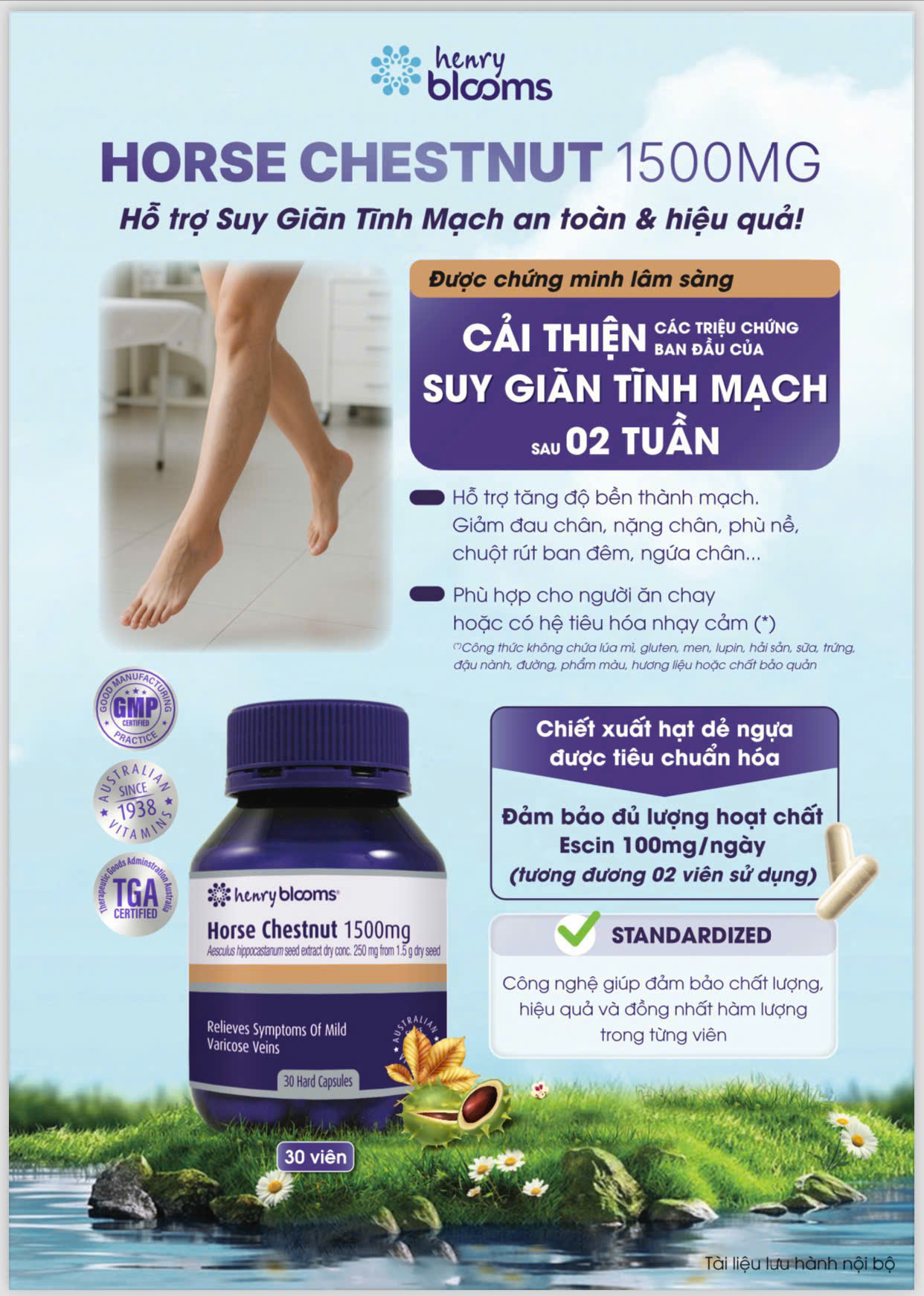 Henry Blooms Viên Uống Hỗ Trợ Giảm Giãn Tĩnh Mạch Hạt Dẻ Ngựa Horse Chestnut 1500mg 30 Viên