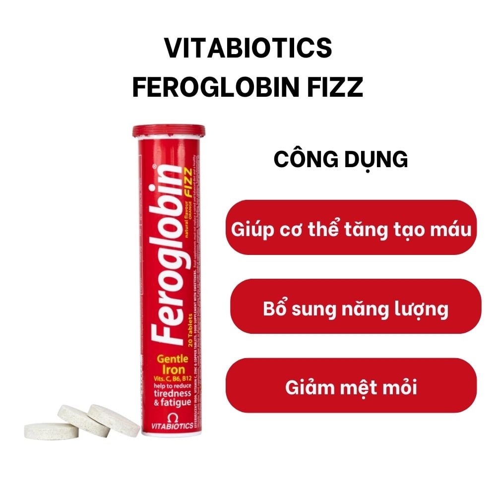 Combo 2 Ống Vitabiotics Viên Nén Sủi Vị Cam Feroglobin Fizz Giúp Cơ Thể Tăng Tạo Máu, Tăng Năng Lượng, Giảm Mệt Mỏi Ống 20 viên