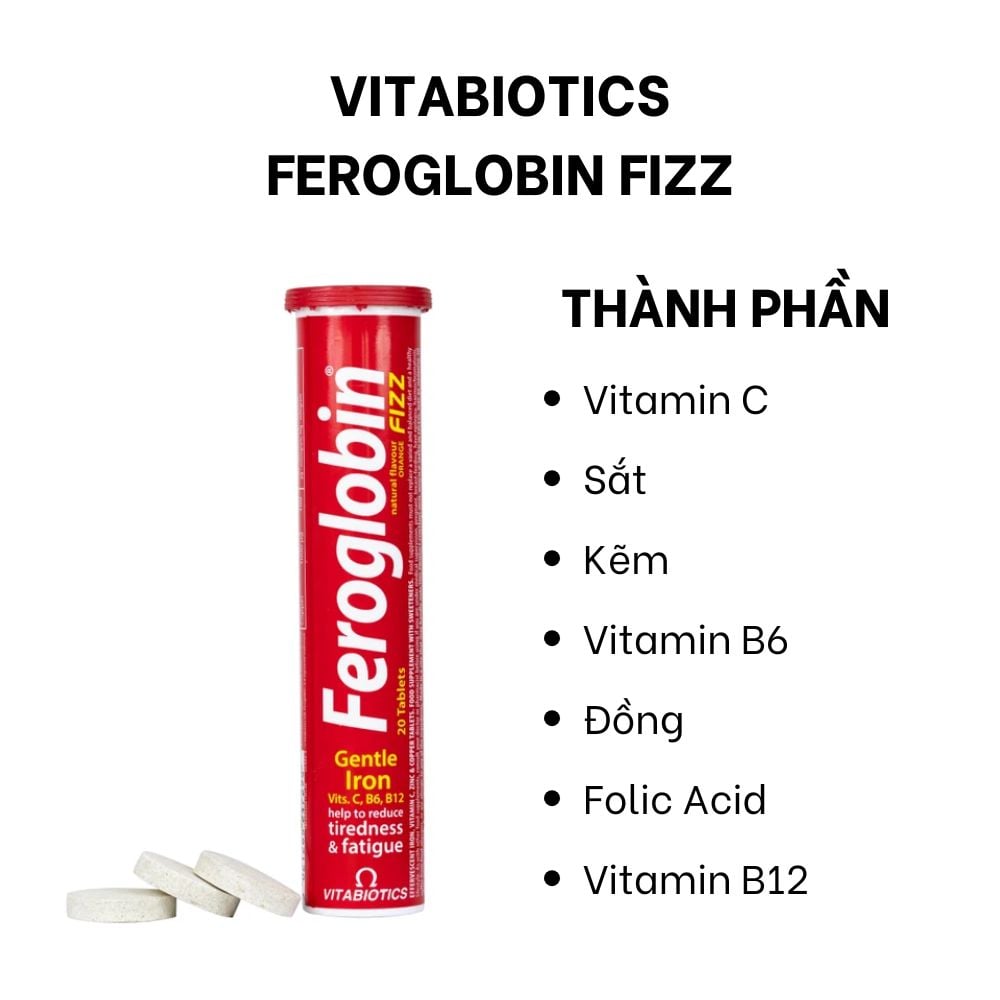 Combo 2 Ống Vitabiotics Viên Nén Sủi Vị Cam Feroglobin Fizz Giúp Cơ Thể Tăng Tạo Máu, Tăng Năng Lượng, Giảm Mệt Mỏi Ống 20 viên