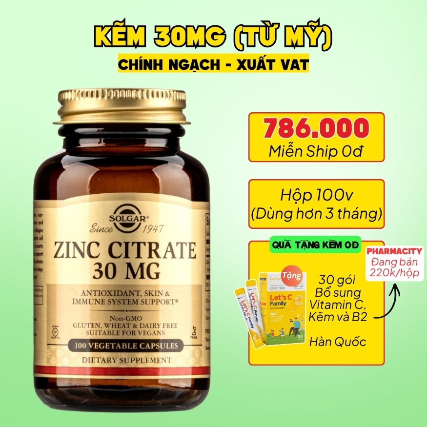 Solgar Viên Uống Bổ Sung Kẽm (Zinc Citrate) 30 MG  100 Viên - Chính Ngạch Mỹ