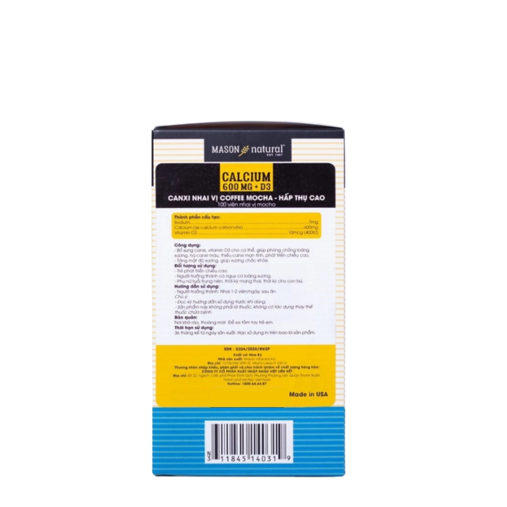 Mason Natural Viên Nhai Hỗ Trợ Sức Khỏe Xương Khớp Chewable Calcium 600 mg + D3 Coffee Mocha Flavor 100 viên