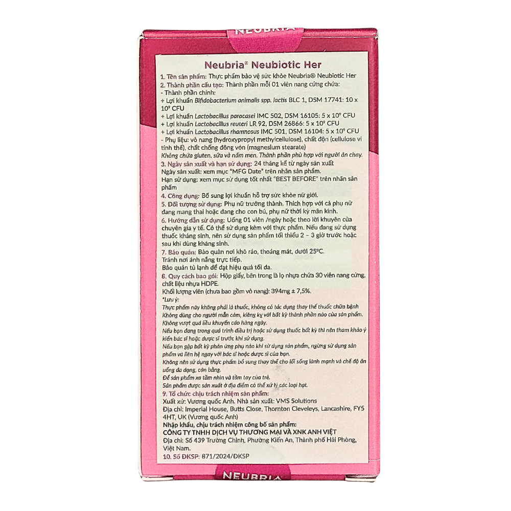Neubria Viên Uống Neubiotic Her Bổ Sung 25 Tỷ Lợi Khuẩn, Hỗ Trợ Sức Khỏe Cho Nữ 30 Viên