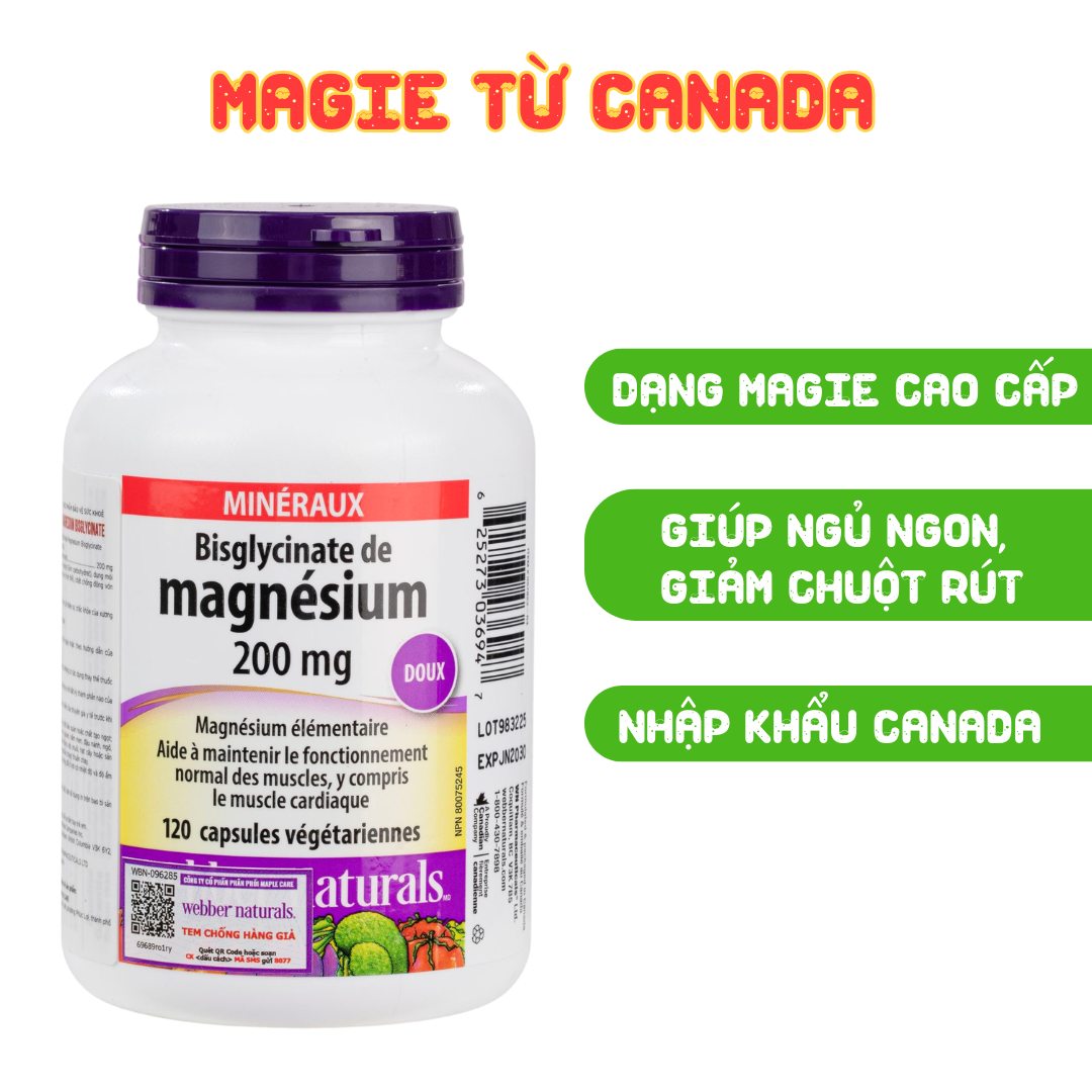 Webber Naturals Viên Uống Magie Magnesium Bisglycinate 200mg - Nhập Khẩu Chính Ngạch Canada