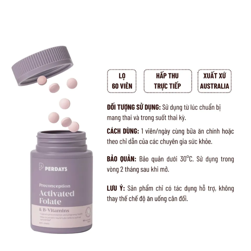 Perdays Viên Uống Activated Folate & B-Vitamins Bổ Sung Acid Folic & Vitamin B Cho Mẹ Bầu 60 Viên
