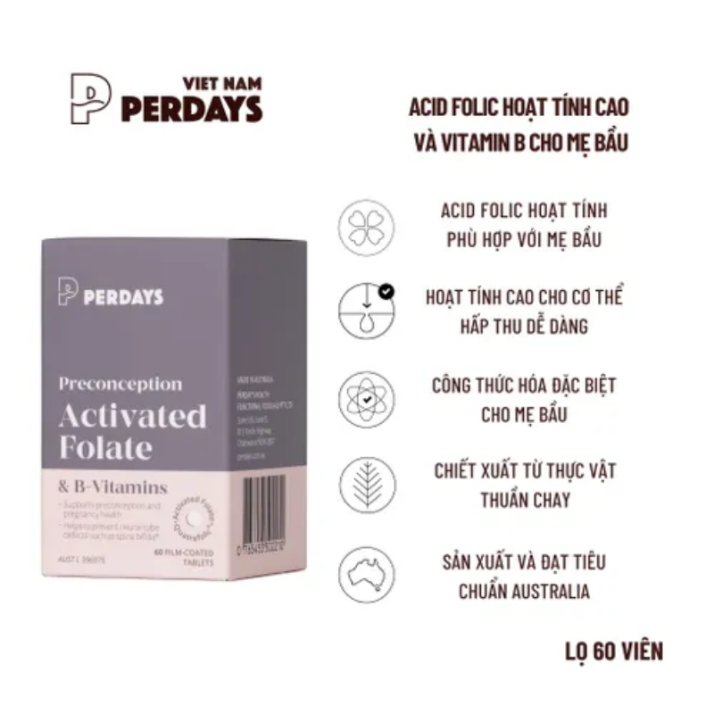 Folate Acticated Perdays Viên Uống Activated Folate & B-Vitamins Bổ Sung Acid Folic & V