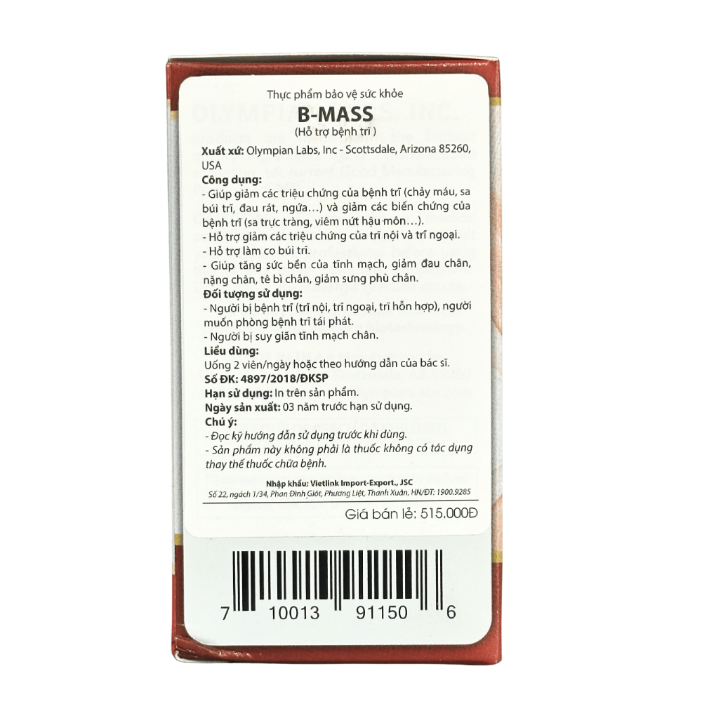 Olympian Labs Viên Uống Hỗ Trợ Cải Thiện Bệnh Trĩ B-MASS 30 Viên
