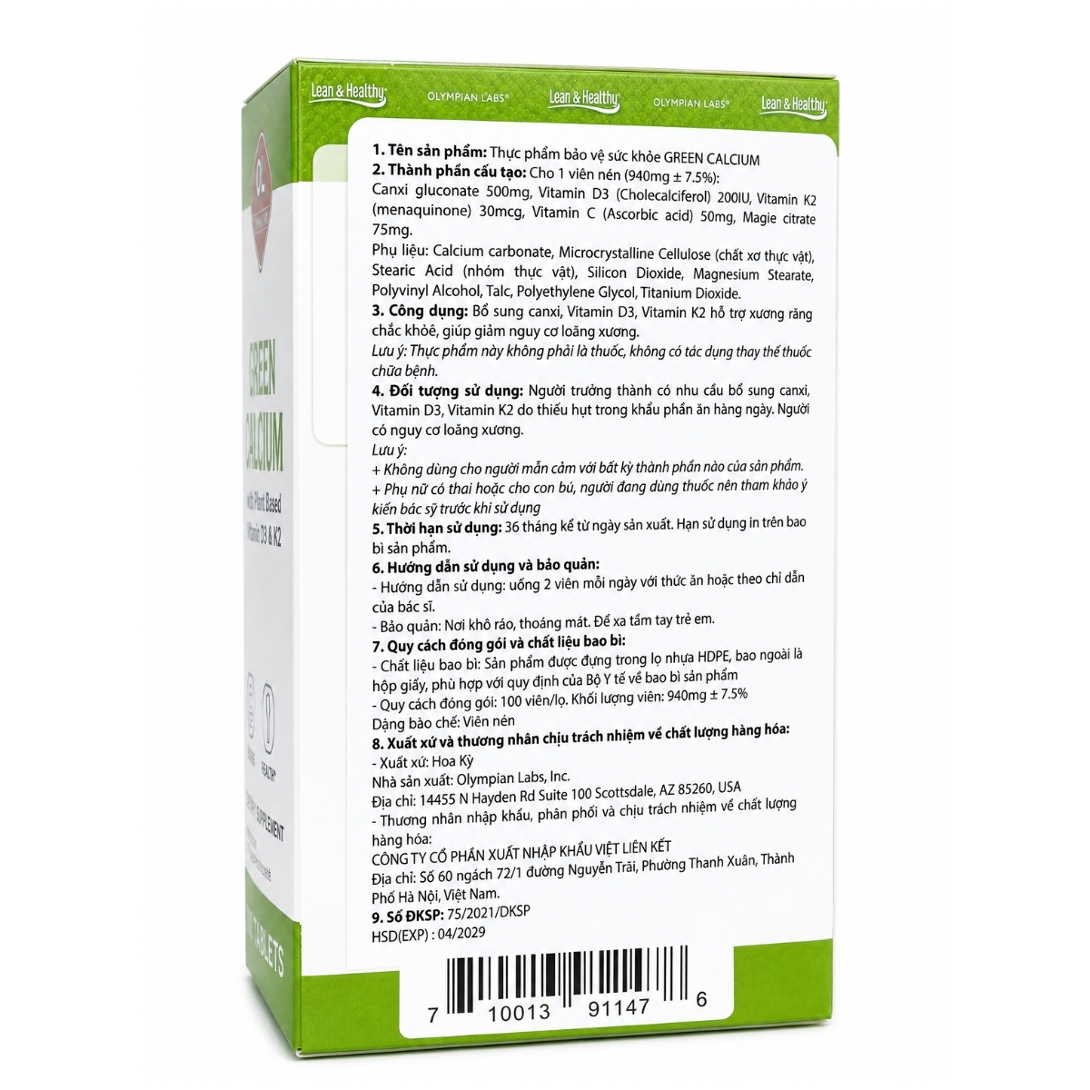 Olympian Labs Viên Uống Bổ Sung Canxi Hữu Cơ Green Calcium 100 viên - Nhập Khẩu Chính Ngạch Mỹ